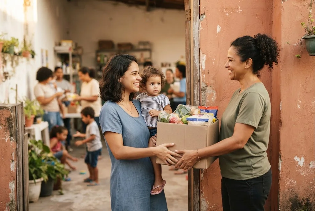 Entrega de cesta básica a uma mãe com criança