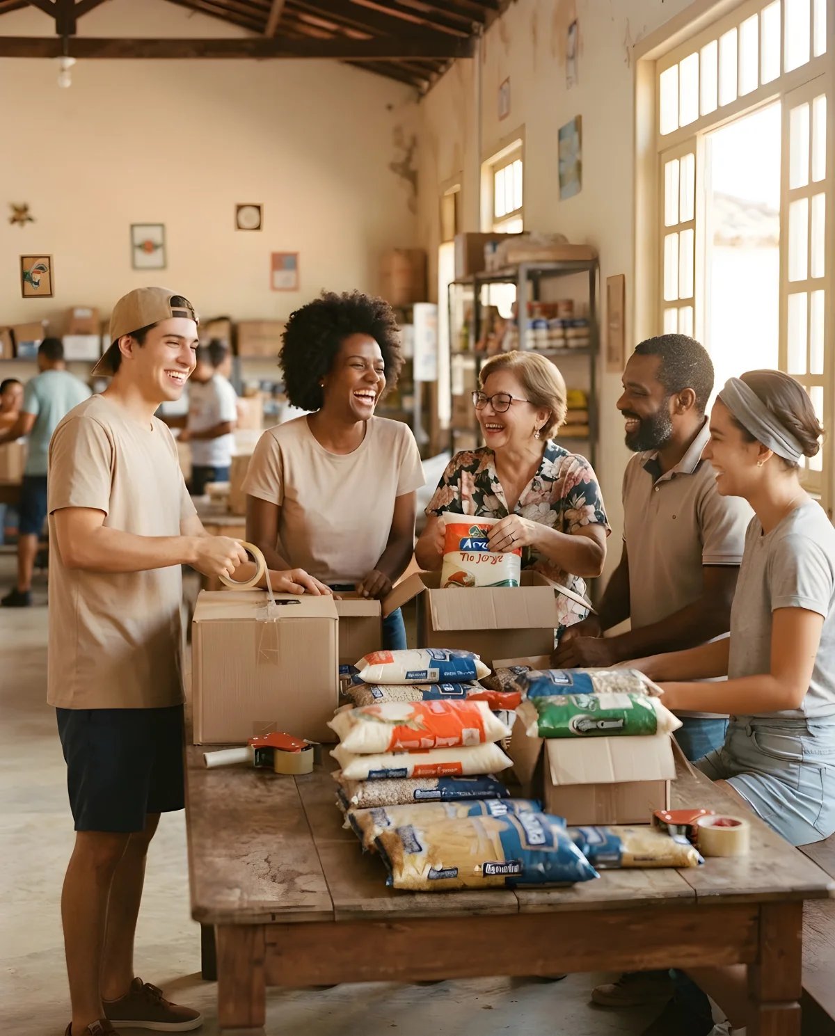 Voluntários montando cestas básicas em um salão comunitário